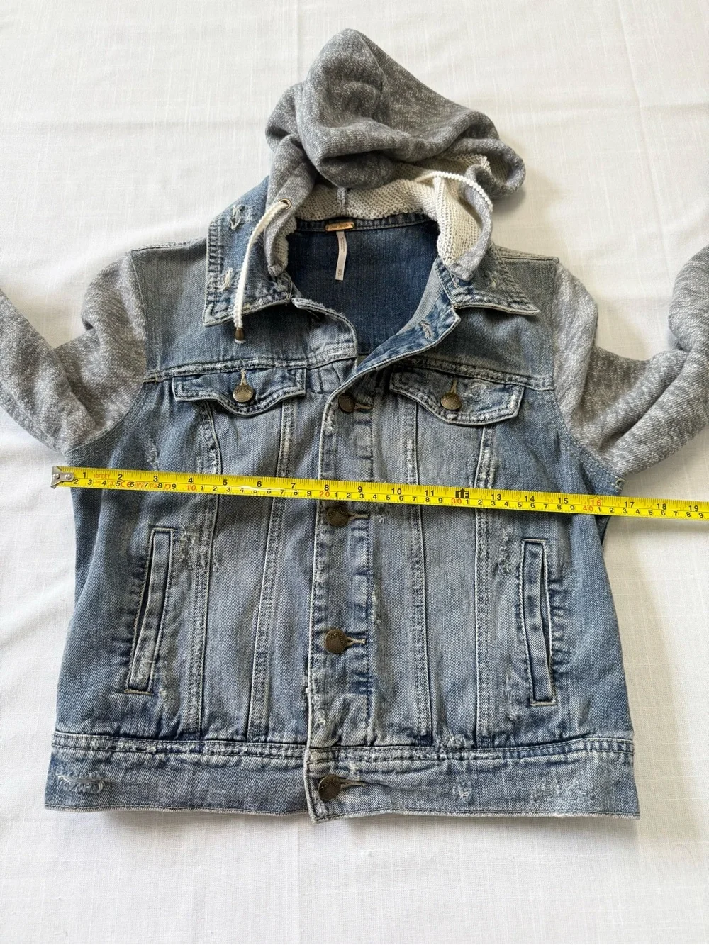 Free People Distressed Boho Denim Hooded Jacket - Knit Sleeves Size XS - Picture 8 of 12